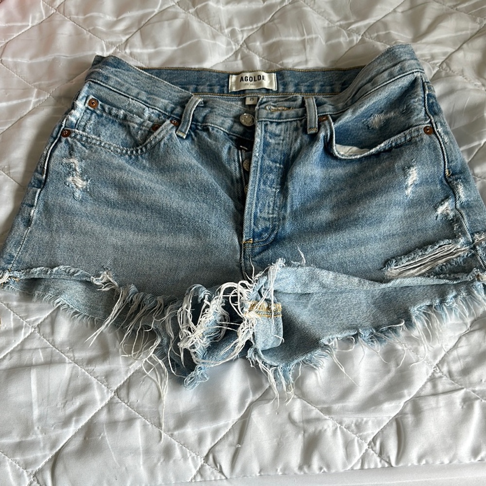 Agolde Blue Distressed Jean Shorts High-Waisted